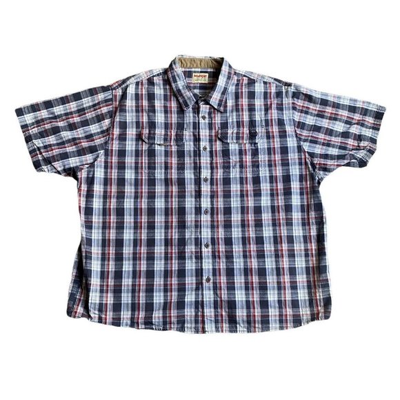 Wrangler Shirt Adult 3XL XXXL Blue Red Plaid Flap Pockets Button Up Casual Mens - Picture 1 of 12